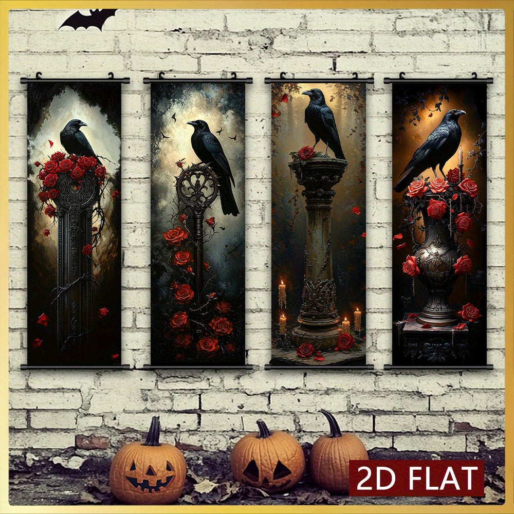2D Flat, 2D/FLAT 4pcs Dark Gothic Style Hanging Wall Art Set, Raven and Rose Decorative Paintings - Odourless & Fade-Resistant Halloween Décor for Entryway Basement Bedroom Living Room to Add a Mysterious Ambiance, Halloween