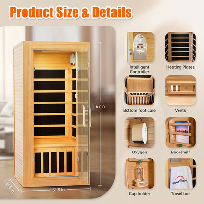 1-3 Person Infrared Home Sauna with Smart Controller, Fast 10 Min Warm Up, Features Heating Panels, Ventilation Ports, Cup Holder, Bookshelf & Towel Holder, Reading Light, Perfect for Home Spa Or Gym