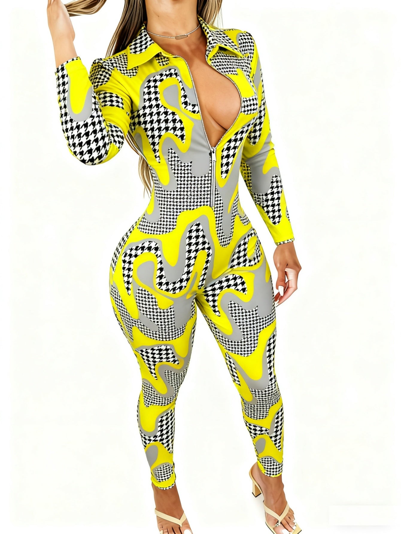 Women's Lightweight Full-Body Animal Print Jumpsuit - Zipper Front Long Sleeve Suit, Tight-Bodied One-Piece for All-Season Casual Wear, Machine Washable y Outfit ( Collar)