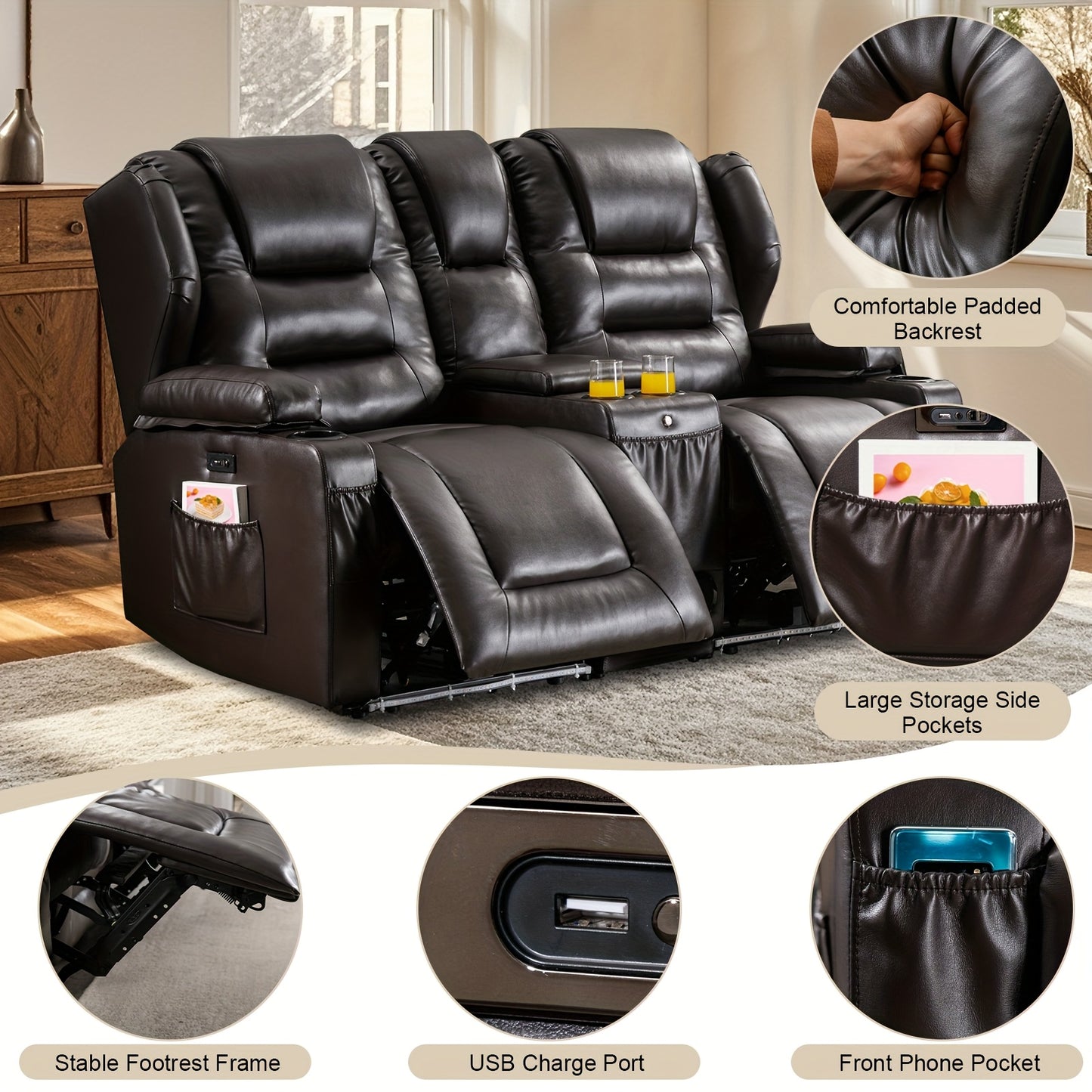 Power Loveseat Recliner With LED Lighting, Home Theater Seating Sofa With Storage & Cup Holders For Living Room RV, Faux Leather
