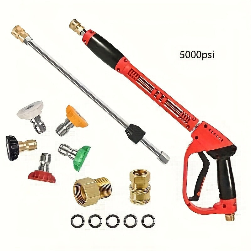5000 PSI High-Pressure Wash Gun with 5 Nozzle Heads & M22 Connector - 39-Inch Heavy-Duty Stainless Steel Pressure Washer for Cars, Trucks, Motorcycles, Bikes, Lawn Equipment - Ergonomic Handle, Durable Construction, Car Wash