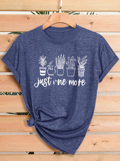 Women'S Green Plant Print T-Shirt with "Just One More" Slogan & Cactus/Succulent Design - Breathable Round Neck Casual Streetwear Top for Gym, Casual Attire, All-Season Comfort - Funny Botanical Graphic Tee for Plant Lovers,