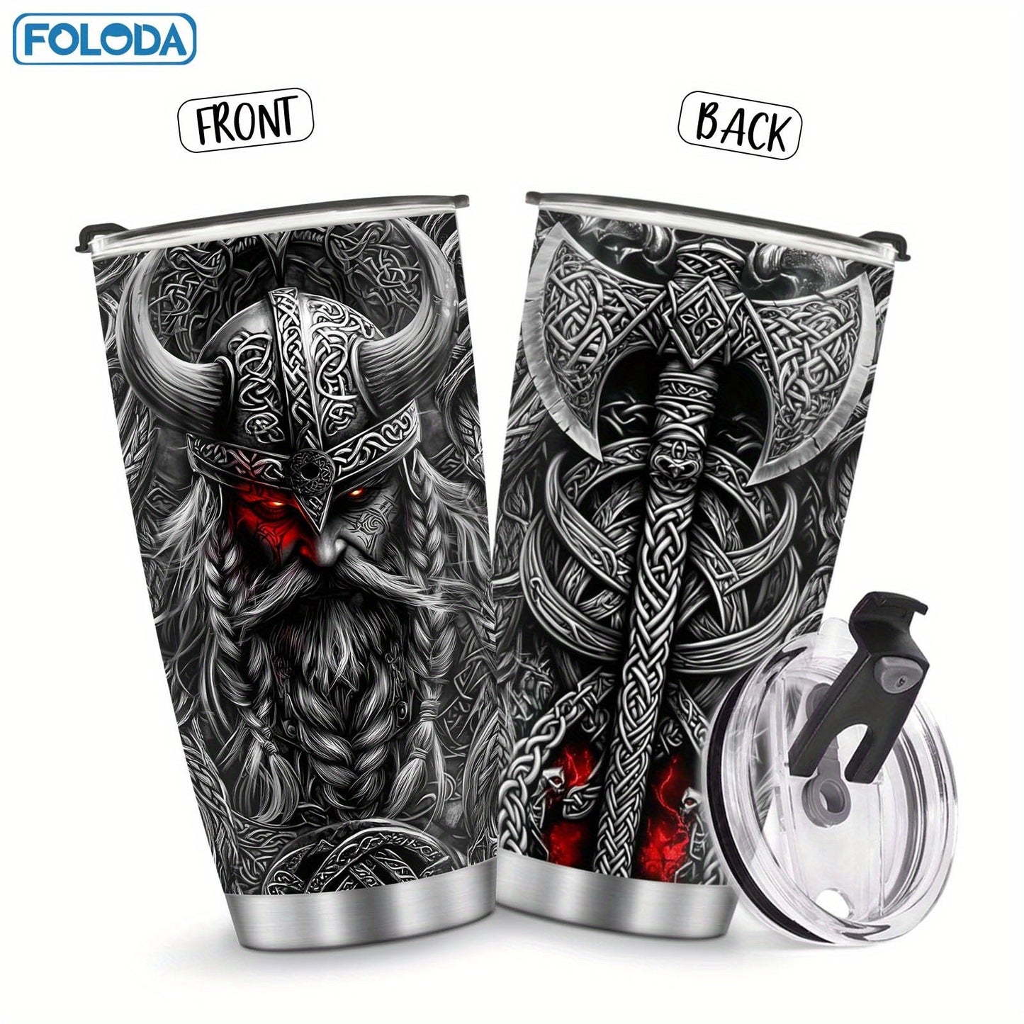 Foloda 20oz Viking Stainless Steel Tumbler with Leak-Proof Lid & Straw, BPA-Free Insulated Travel Mug, Oval Ergonomic Grip, Norse Warrior Design for Hot/Cold Drinks - Durable Outdoor Drinkware, Bpafree Material