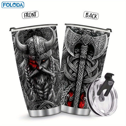 Foloda 20oz Viking Stainless Steel Tumbler with Leak-Proof Lid & Straw, BPA-Free Insulated Travel Mug, Oval Ergonomic Grip, Norse Warrior Design for Hot/Cold Drinks - Durable Outdoor Drinkware, Bpafree Material