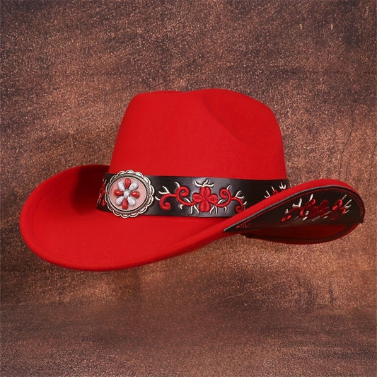 1pc Unisex Vintage Western Cowboy Hat - Breathable Felt with Embroidered Belt - Adjustable Drawstring for Outdoor, Casual, Music Parties & Independence Day - Black/White/Red/Pink - Gift for Him or Her - Cowboy Accessories, Ou