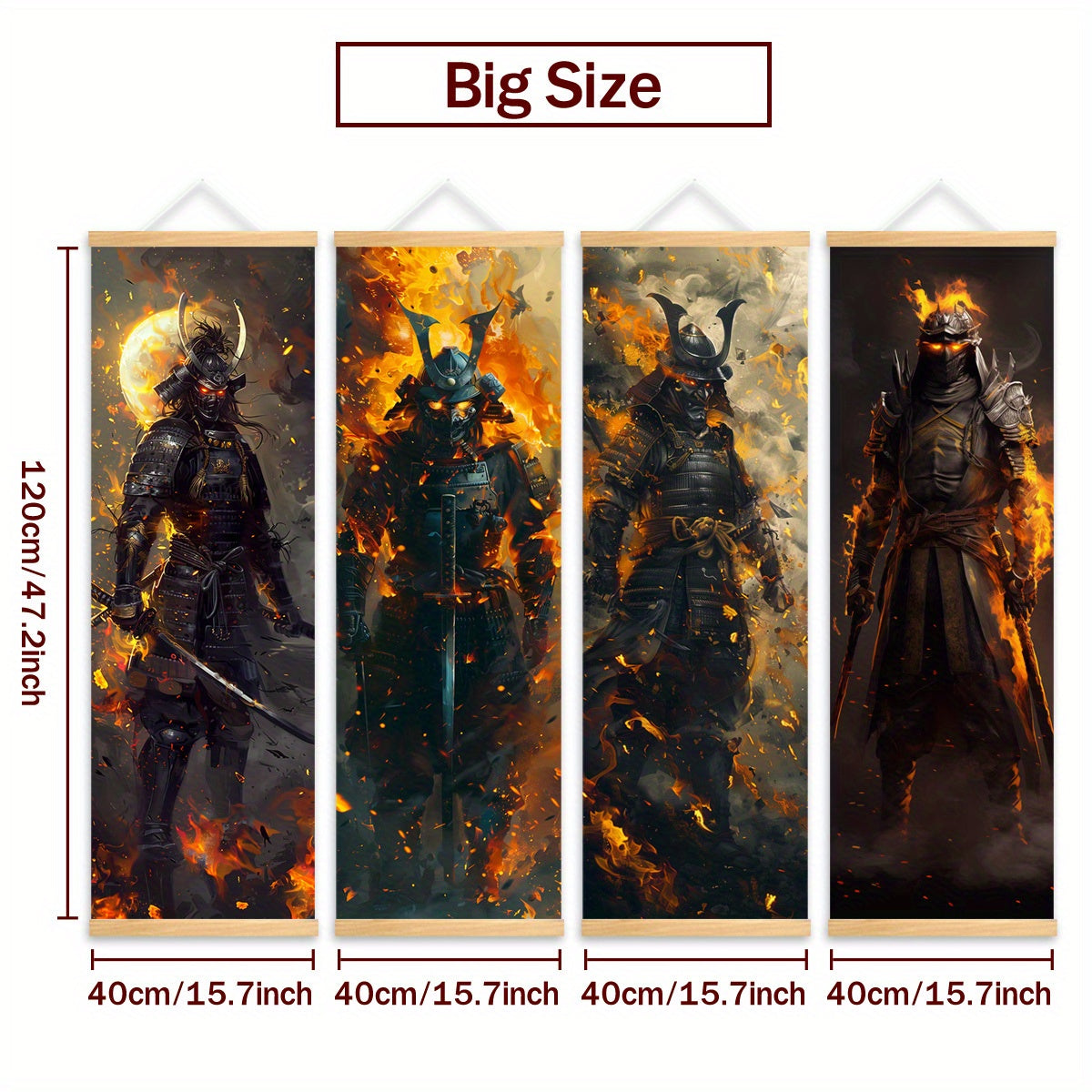 4pcs Unframed Dynamic Flaming Samurai Canvas Posters - Japanese Ukiyo-e Art Style, Odorless & HD, Ideal for Gaming Room/Living Room Decor, Perfect Gift for Japanese Culture Enthusiasts, Indoor Wall Art, Living Room Decor | Sa
