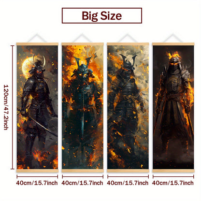 4pcs Unframed Dynamic Flaming Samurai Canvas Posters - Japanese Ukiyo-e Art Style, Odorless & HD, Ideal for Gaming Room/Living Room Decor, Perfect Gift for Japanese Culture Enthusiasts, Indoor Wall Art, Living Room Decor | Sa