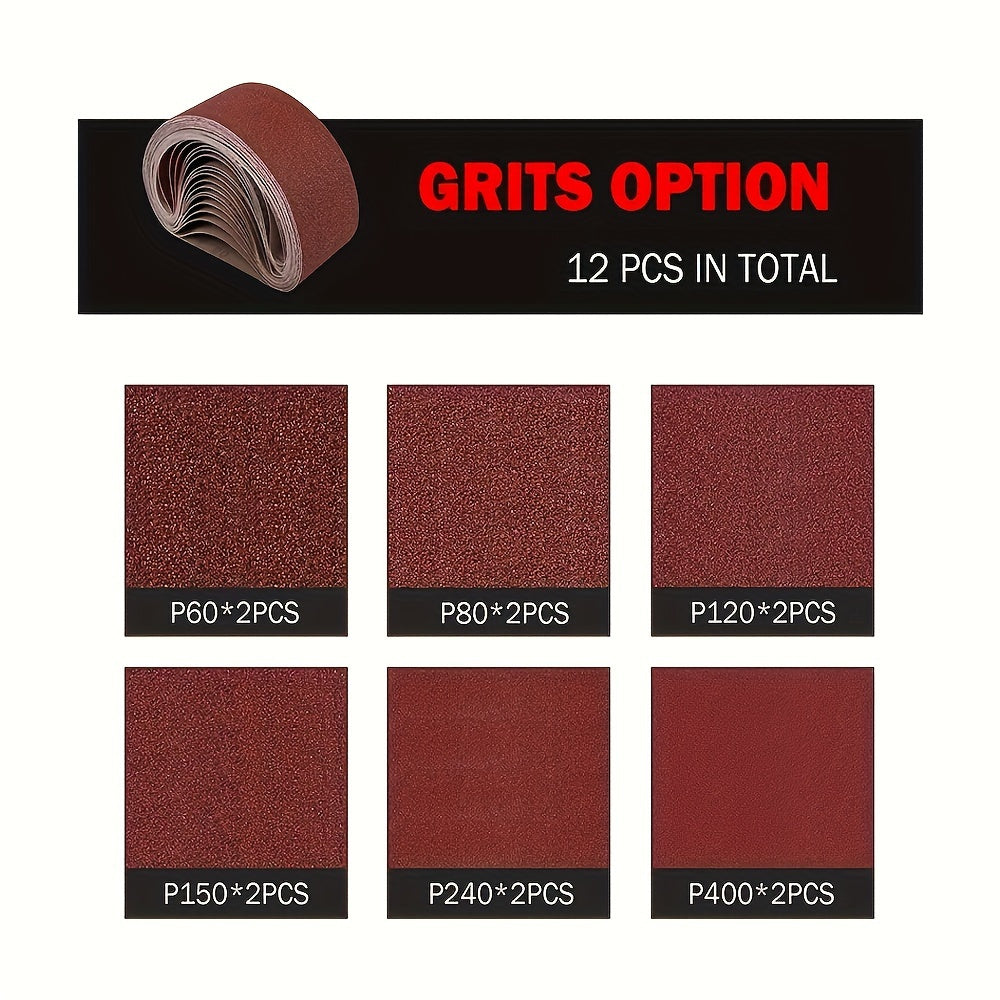12pcs Sanding Belt Set, 4x36 Inches, Aluminum Oxide Grit 60/80/120/150/240/400, High-Quality Sandpaper Strips with Nylon and Cloth Backing, Suitable for Portable Grinding Tools, All-Season Use. Christmas, Halloween Party Supp