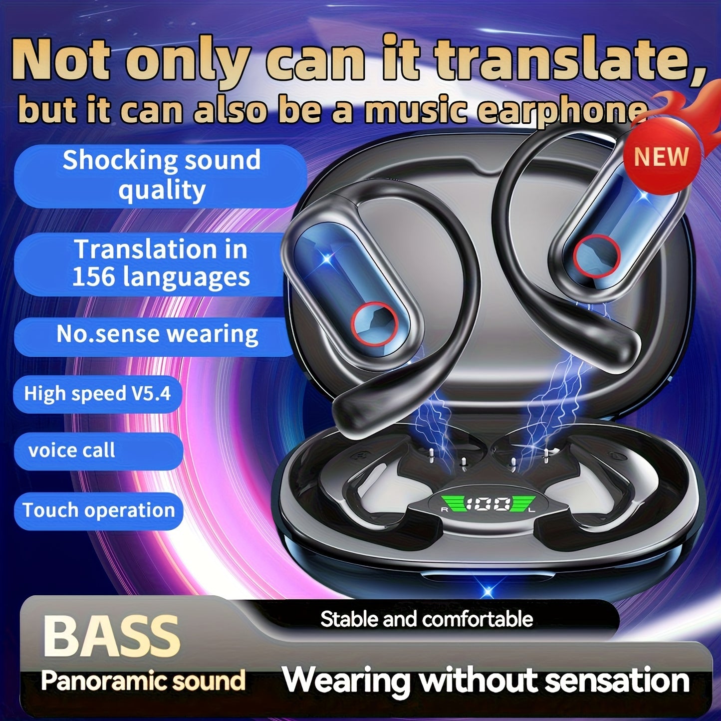 AITruly Open AI Wireless Earphones (Bluetooth 5.4 TWS) Experience 360° Ambient Awareness & All-day Comfort. AI Translation: Real-time 144 Languages/70 Accents. Secure Open-ear Fit for Travel/fitness. Advanced ENC Delivers Cr