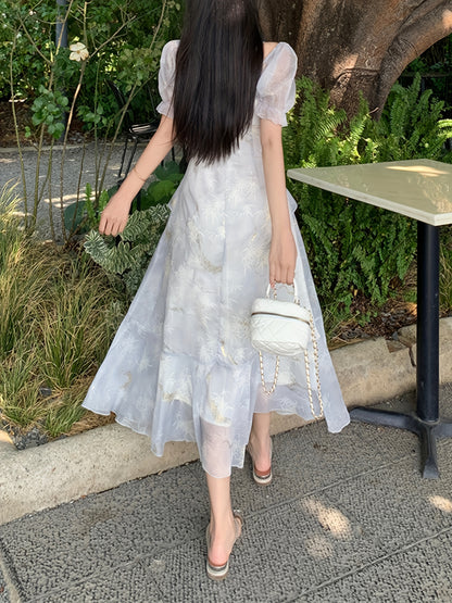 A Stylish Off-Shoulder Long Sleeve Dress for Women Featuring a Lavender Floral Pattern, Ruffle Collar, And A-Line Silhouette. Suitable for Both Formal And Casual Occasions, This Machine Washable Dress Is Perfect for Spring An