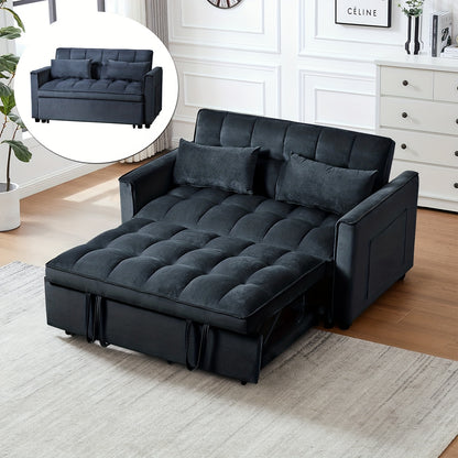 54" Black Velvet 3-in-1 Convertible Sofa Bed with Adjustable Backrest & Pull-Out Sleeper - Space-Saving Sleeper Sofa with Storage Pocket, Hardwood Frame, Modern 2-Seater for Small Apartments, Living Room, Guest Room - No Asse