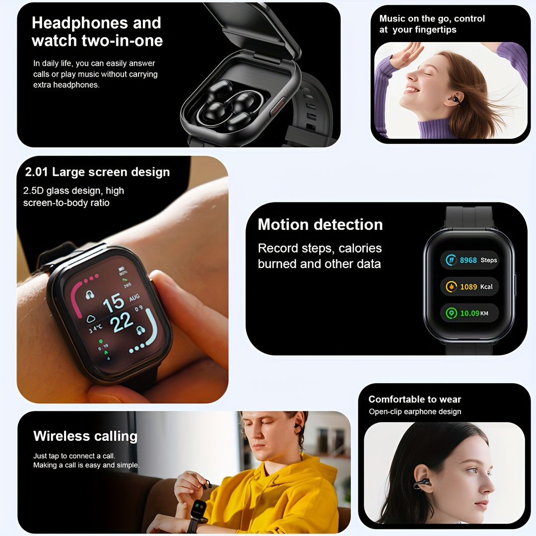 New 2-in-1 Multifunctional Smartwatch with Steel Strap, Black/Silver 2 Colors Available, Supports Call Reception, 2.01-Inch HD Screen, TWS Wireless Earbuds