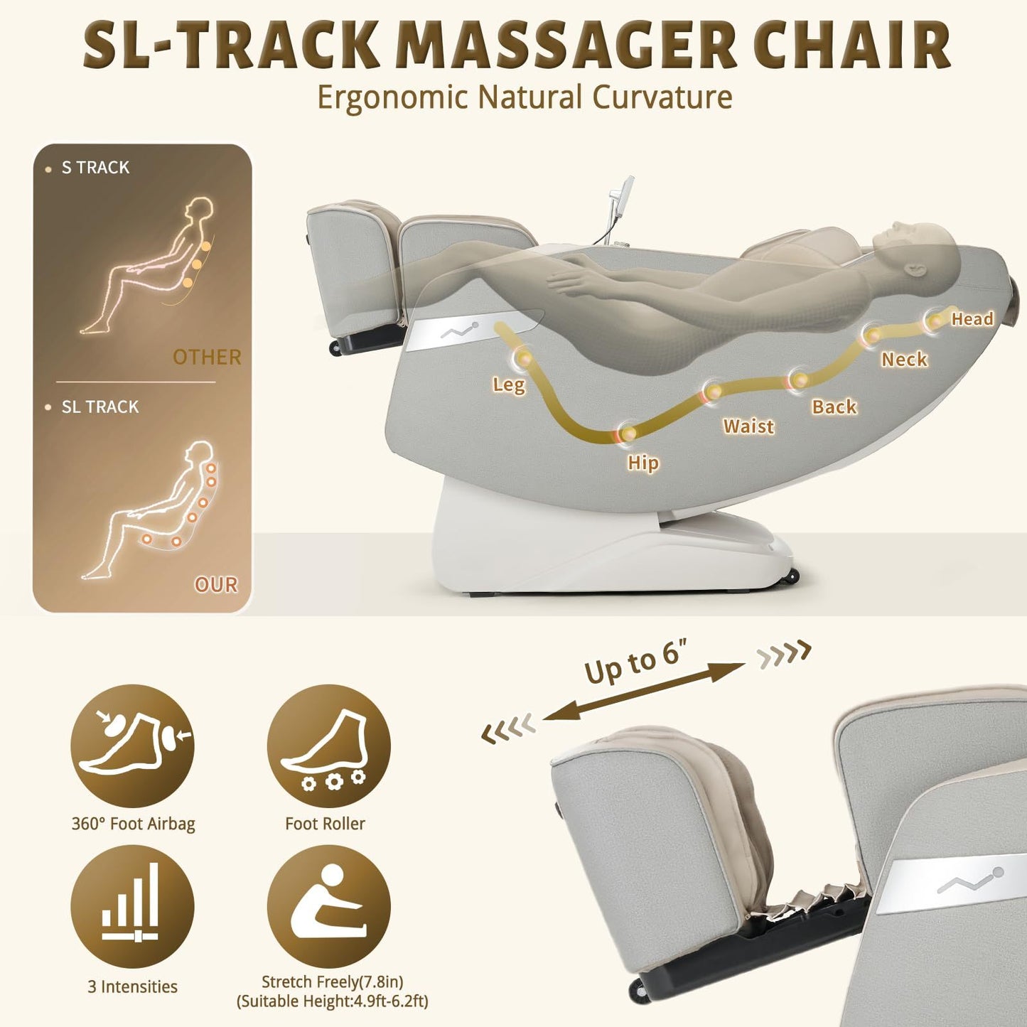 3D Massage Chair Full Body Zero Gravity Recliner - with Heated Heat, 12 Auto Massage Modes, Shiatsu Foot Massage, with 55" SL Track, 28 Airbags Massage, Foot Roller