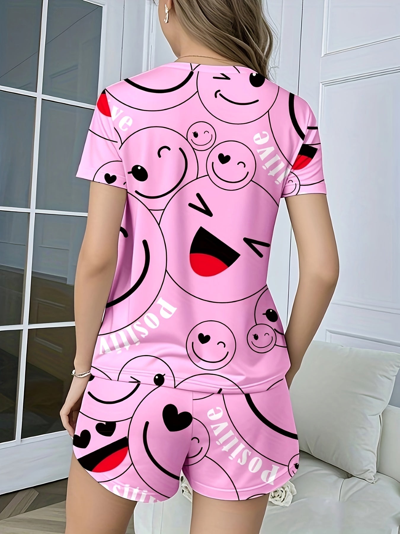 Women's Pajamas Women's Casual Sleepwear Happy Theme Patterned Pajama Set, Soft Loose Fit Short Sleeve Top with Elastic Pants, Machine Washable and Dry Cleanable, Perfect Sleeping Choice