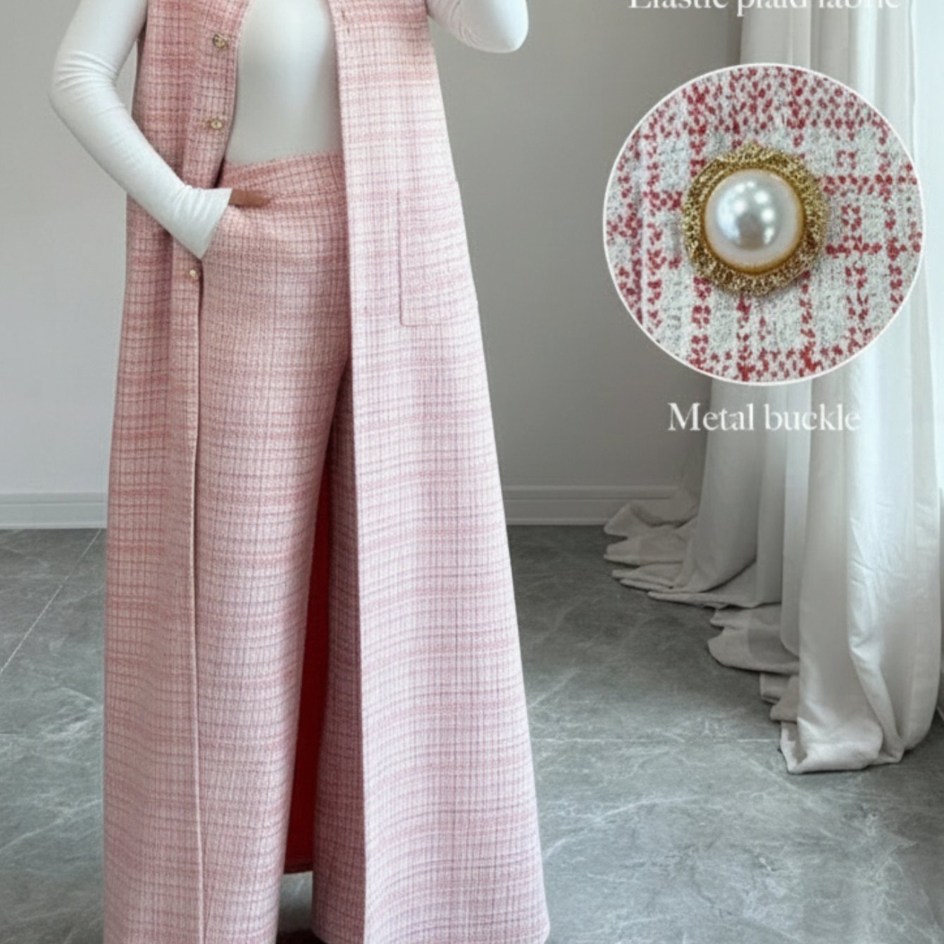 Pale Pink Plaid Fashionable Lapel Long Vest Wide Leg Pants Suit for Women | Elegant Daily Streetwear and Casual Socialasions Design Vibe