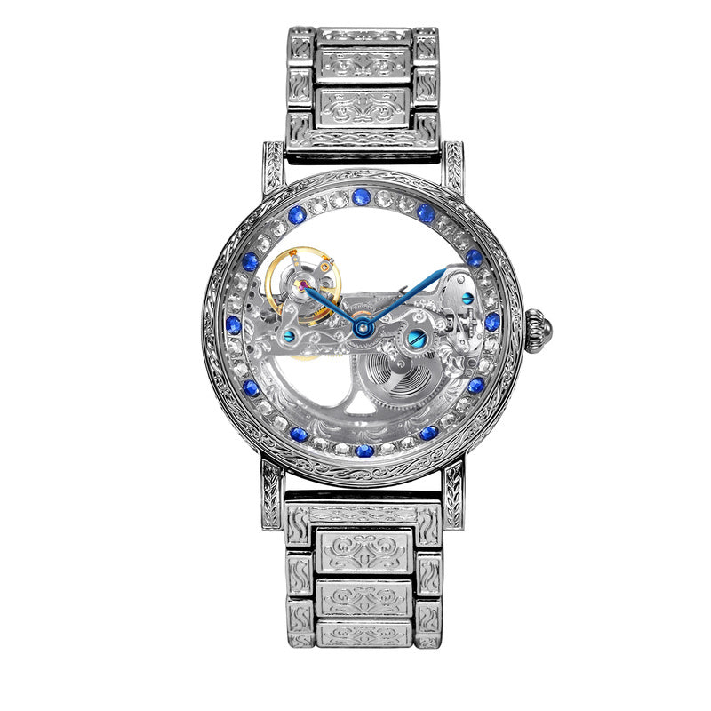 1pc Youth Men's Silvery Steel Strip Gorgeous Style Exquisite Double sided Hollow Perspective Fully Automatic Mechanical Watch