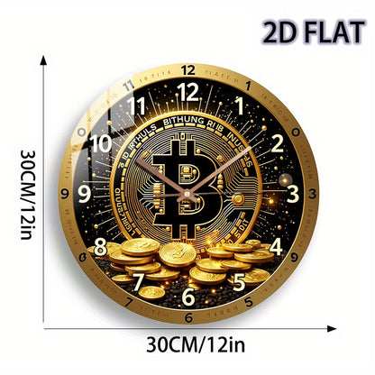 12-Inch Bitcoin Cryptocurrency Glass Wall Clock - Silent Quartz Movement with Golden ₿ Symbol & Circuit Board Design, Modern Minimalist Crypto Decor for Home Office, Bitcoin Price Display, Durable Glass Face (AA Battery Not