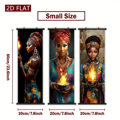2D/ FLAT-3pcs African flame women wall murals, African women holding flame containers and wearing exquisite jewelry, high-definition high-quality printing, ink artwork poster, suitable for living room, bedroom, office decorat