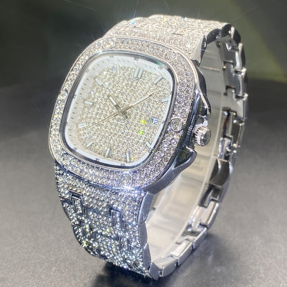 Latest Chilled Men'S Watch With Street Style Water Drill Hip-hop Square Watch For Women With Luminous Scale For Couples, Jewelry Accessories.
