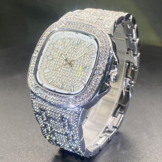 Latest Chilled Men'S Watch With Street Style Water Drill Hip-hop Square Watch For Women With Luminous Scale For Couples, Jewelry Accessories.