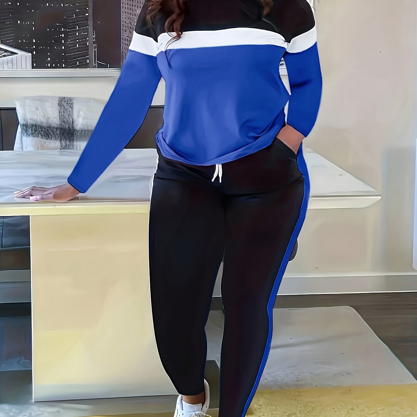 Color Block Striped Print Two-Piece Set, Round Neck Long Sleeve Top And Drawstring Pants, Women's Fashion