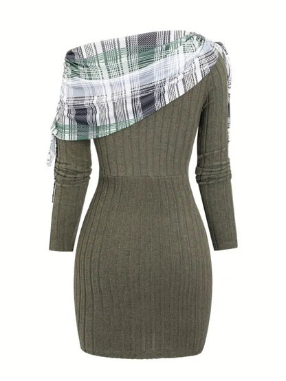 Women's Olive Green Checkered Patchwork Dress - Asymmetric Slant-Shoulder Button Neckline, Fitted Winter Dress for Autumn/Winter, Elegant for everyday to date Outfits (Non- Base Layer Compatible with)