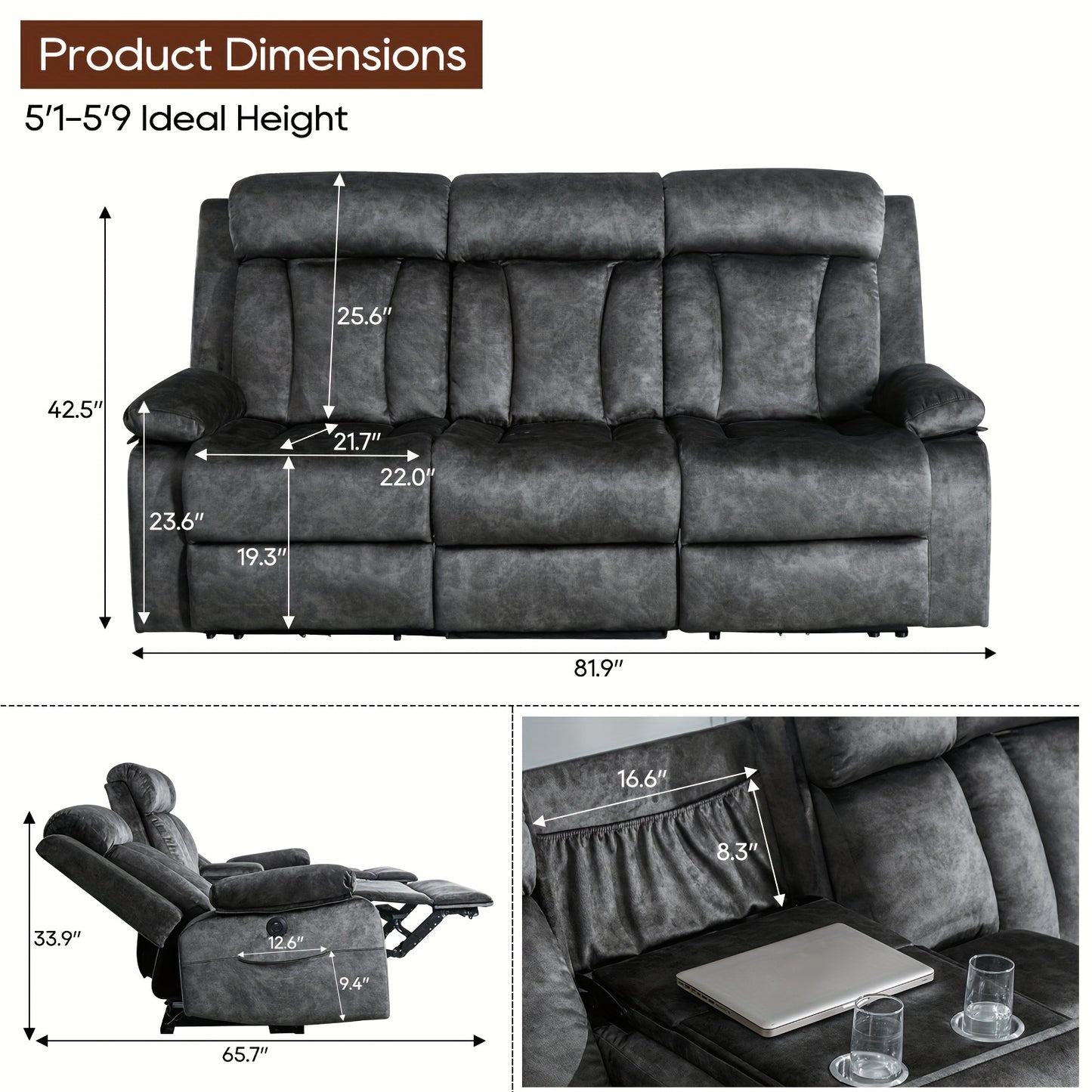 Reclining Sofa-Power Recliner Sofa With Heat And Massage, Recliner Sofa With Drop Down Table, Reclining Couch 3 Seater For Living Room, Home Theater Seating With Cup Holders, USB & Type-C Ports (Grey)
