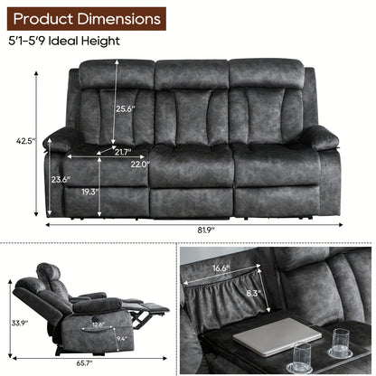Reclining Sofa-Power Recliner Sofa With Heat And Massage, Recliner Sofa With Drop Down Table, Reclining Couch 3 Seater For Living Room, Home Theater Seating With Cup Holders, USB & Type-C Ports (Grey)