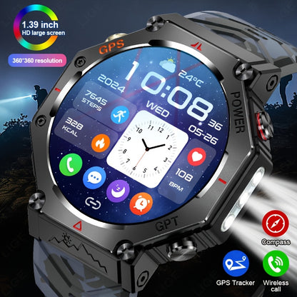 Men's Smartwatch - 1.39inch full touch HD Display, come with long range flashligh & GPS function, 530mAh large battery capacity, Wireless Calls/dial, compass, Music Control, massive sports modes, Zinc Alloy Case, Silicone and