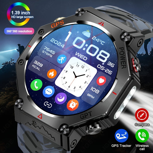 Men's Smartwatch - 1.39inch full touch HD Display, come with long range flashligh & GPS function, 530mAh large battery capacity, Wireless Calls/dial, compass, Music Control, massive sports modes, Zinc Alloy Case, Silicone and