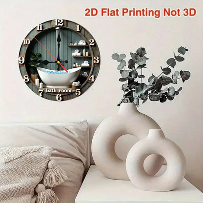 2D flat printing, retro silent wall clock for room decoration, "Relaxing Bath Time: Essential bathroom Supplies", 10 inches, non-luminous, wooden quartz design, suitable for Halloween and Christmas, home/cafe/wall art decorat