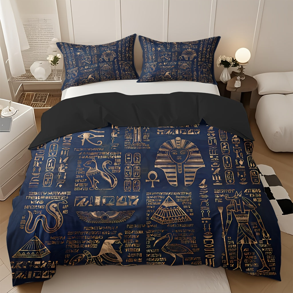 Ancient Egyptian Symbols Duvet Cover Set - Soft High-Definition Digital Print, Blue Polyester, Includes Duvet Cover And Pillowcases, All-Season Use, Perfect Gift For Family And Friends, Machine Washable, Easy Care