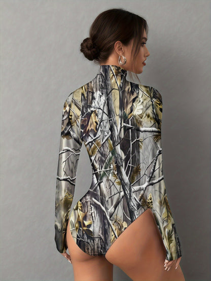 New Women's Tree Branch Leaf Camo Print High Collar Long Sleeve Bodycon Jumpsuit, Autumn and Winter Full Set Casual Jumpsuit, Women's High-Stretch Yoga Romper