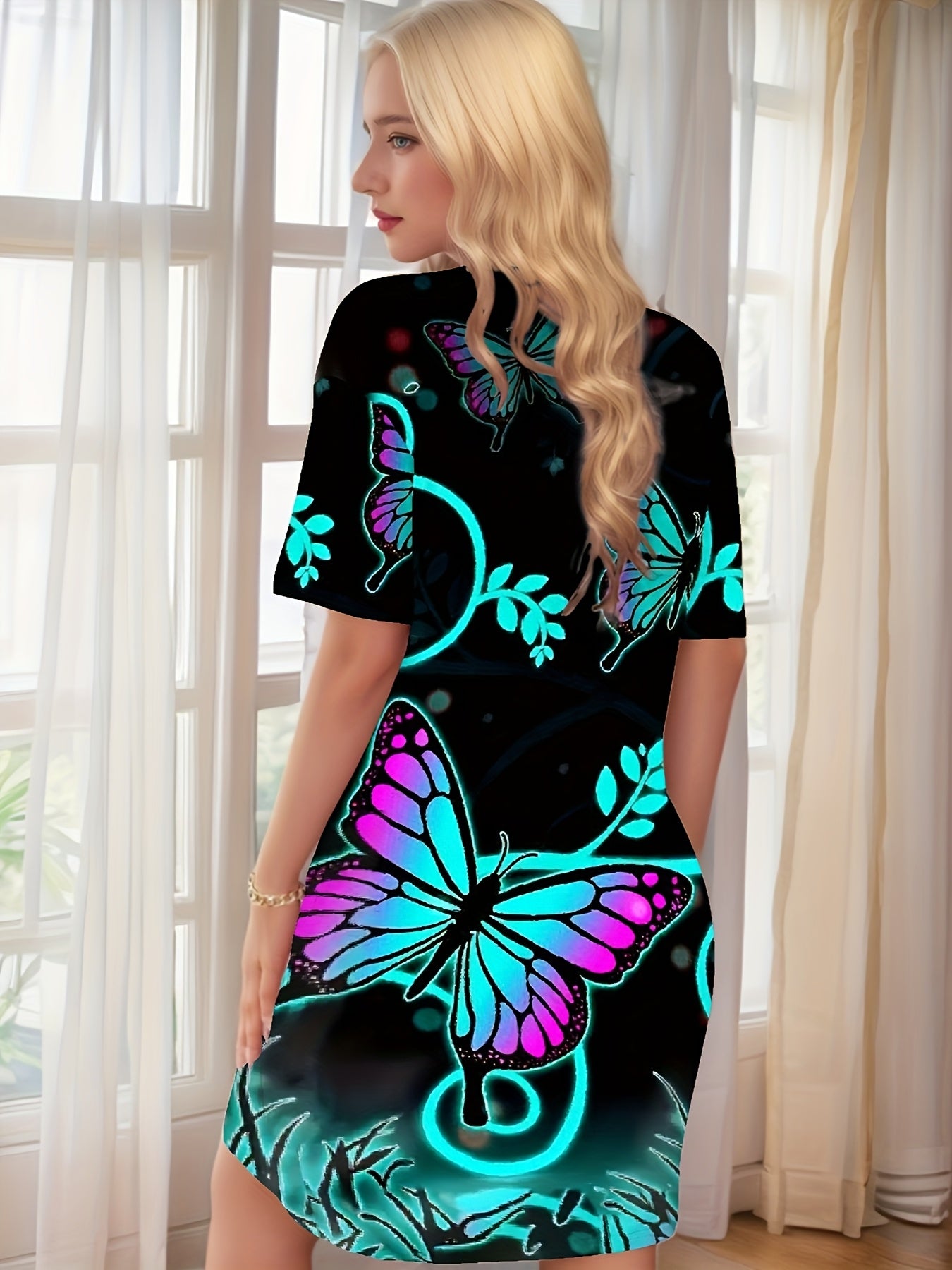 Women'S Butterfly Print Casual Round Neck Nightgown Dress - Short Sleeve, Lightweight & Breathable, All-Season Comfort, Casual Wear|Butterfly Print Dress|Lightweight Fabric