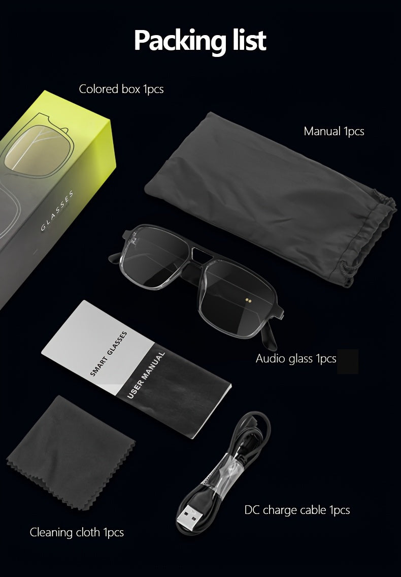 Smart Glasses with Built-in Speaker & Color-Changing Lenses. Features Open Ear Audio, Touch/ Voice Control, Anti-Blue Light, USB-C Charging. Lightweight & Durable Frame for Running, Fishing, Rock Climbing. Includes Case - The