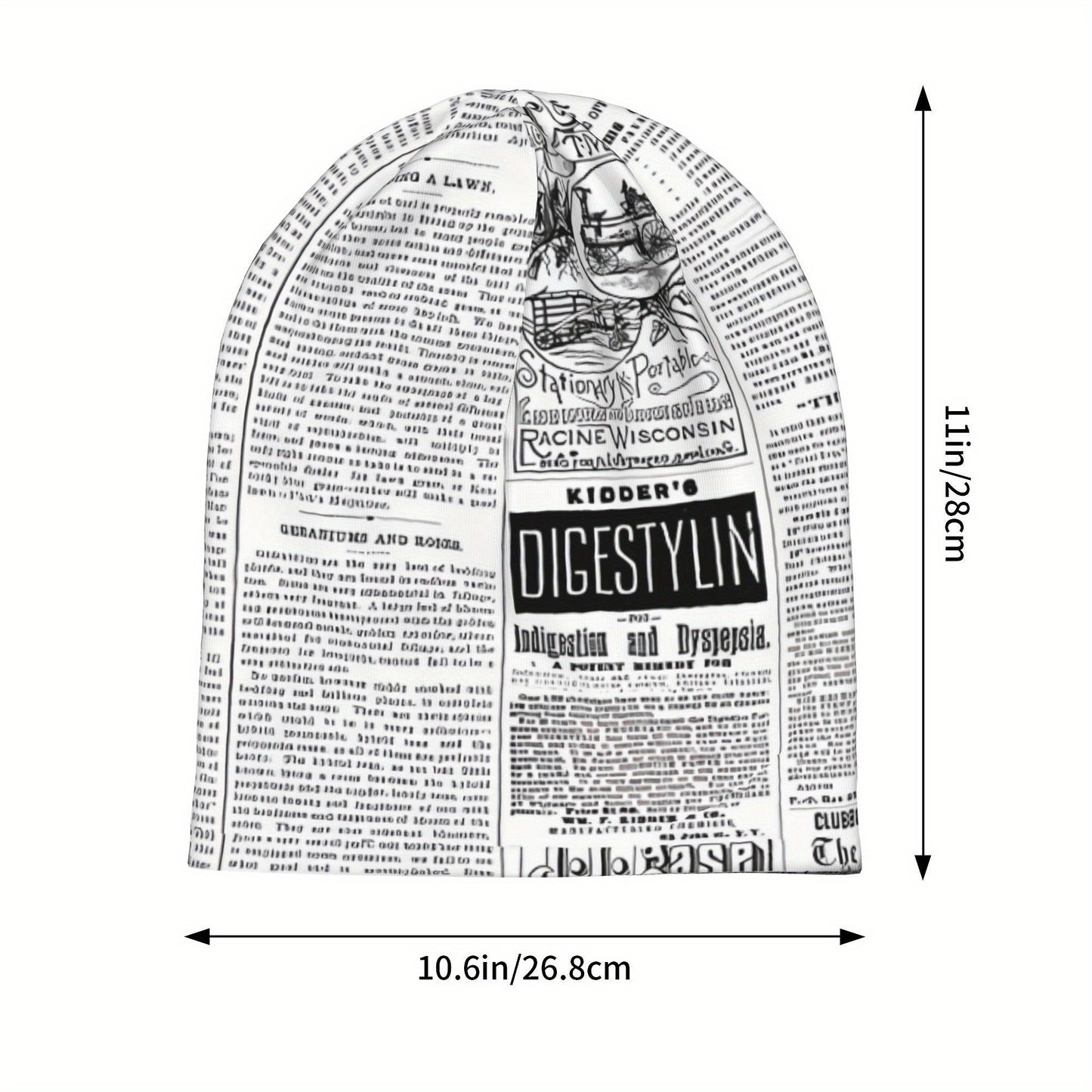 Vintage Newspaper Print Soft Knit Beanie Hat for Men & Women - Funky Style, Stretchy & Comfortable Ski Cap, Hand Washable, White with Black Text Design, Winter Hat