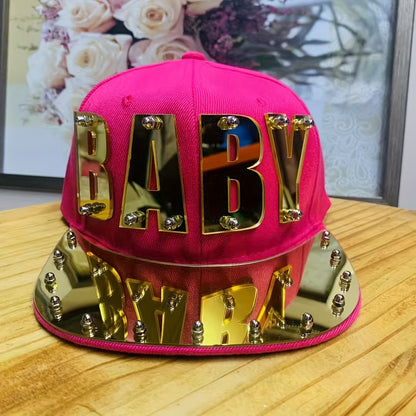 Punk Style Men'S Baseball Cap, 100% Polyester Lightweight Flat Brim Hat with Alphabet Pattern and Embellishments, Non-Stretch Fabric
