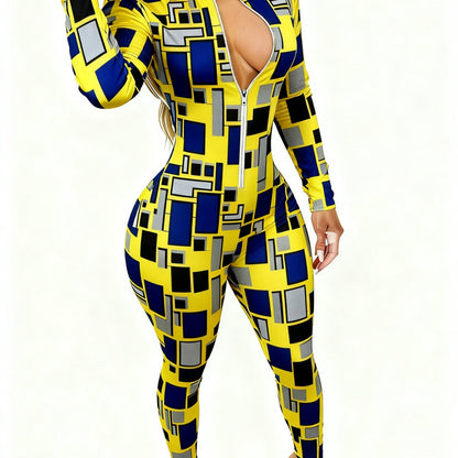 Women'S Allover Printed Jumpsuit | Long Sleeve with Zipper, Elegant Sexy, 4-Season Party & Special Occasion Outfit