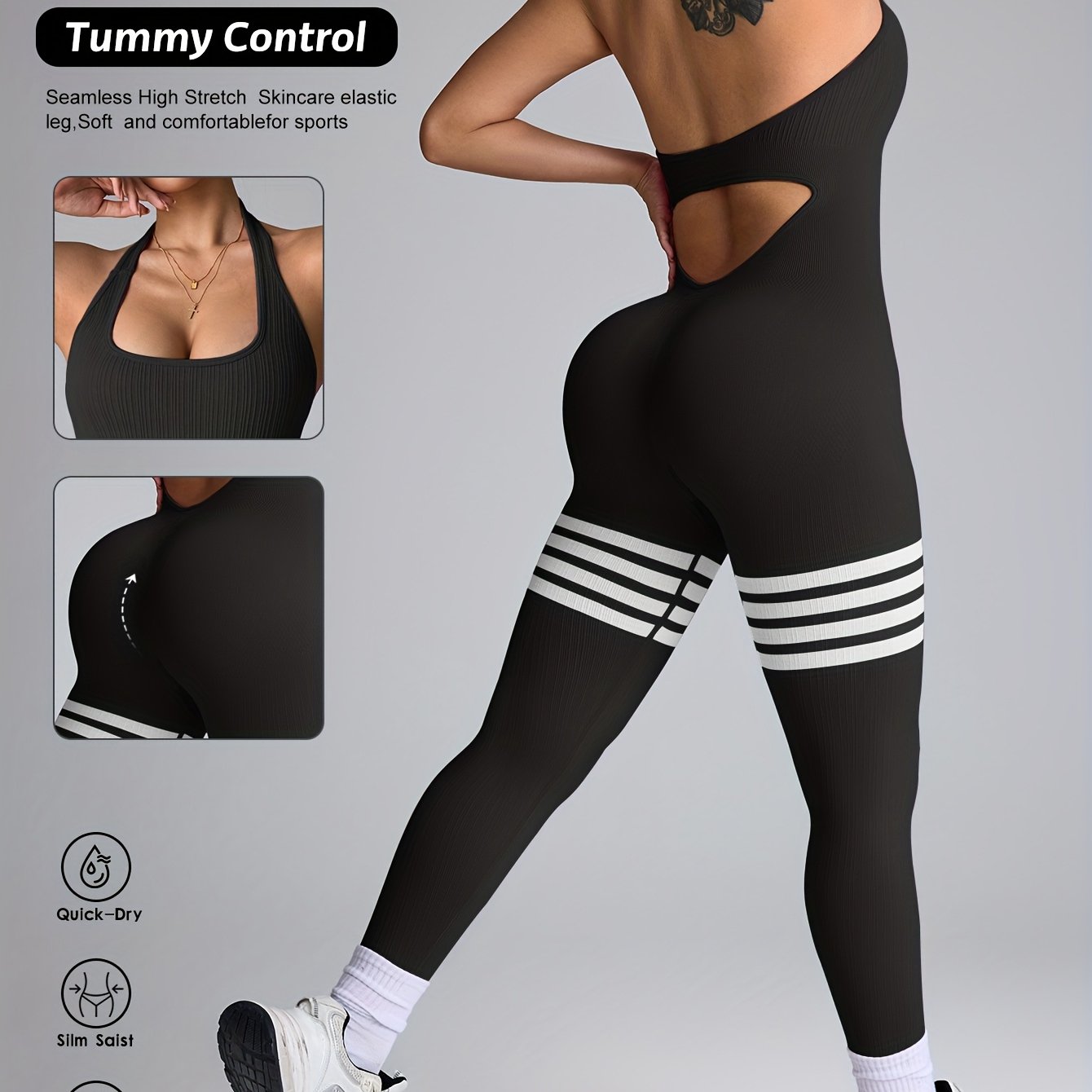 Women's High-Waisted Yoga Rompers - Butt-Lifting & Tummy Control Workout Bodysuit, Non-See-Through Quick-Dry Athletic Onesie for Gym, Yoga, Dance - Machine Washable Fitness Suit, Durable Sportswear, Gym Wear, Seamless Design,