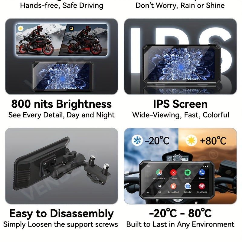 VENBES 6.25-Inch Motorcycle Navigation System with Wireless CarPlay & Android Auto, IP67 Waterproof, Wireless Compatible, for Mount Computer Compatible for /MAPs/Navigations