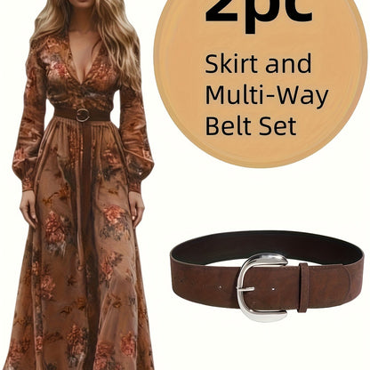 Brown Tone Deep V Floral Print Long Dress, Long Sleeve Vintage Romantic Style, Autumn Forest Artistic Outfit, Natural Flowy Long Dress, Oil Painting Texture Dress