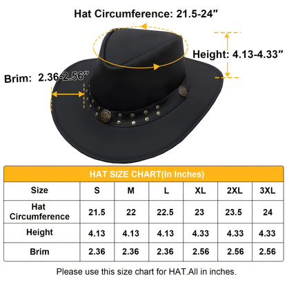 Cowhide Leather Cowboy Western Hat | Genuine Leather Steampunk Deadman Top Hat for Men and Women, Vintage Style for Halloween.