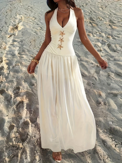 Women's Floor-Length White Sleeveless A-Line Maxi Dress with & A-Line Hem - Floor-Length Beach Dress with Layered Hem & Beltless Design, Machine Washable - Elegant Floor-Length Party Wedding Guest Dress, Structured Fit for Wo