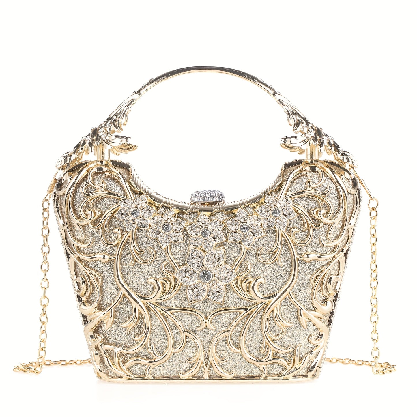 Perfect for Weddings, Proms & Formal Events - Handcrafted Rhinestone Clutch Purse - Luxurious Floral Evening Bag for Women - Elegant Dinner Handbag with Glittering Rhinestones & Golden-Tone Metal Handle