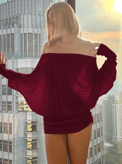 Women'S Sexy Off-the-Shoulder Long Sleeve Mini Dress - Solid Color Sheer Panel Party Clubwear, European & American Inspired Pleated Bandeau Dress for Spring/Autumn, Casual to Night Outfits, 2025 New Arrival (Sexy Off-Shoulder