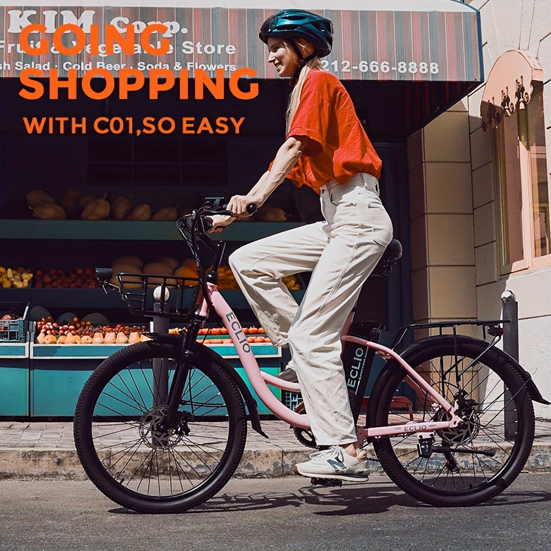 Sakura Pink Electric Bike for Adults, 500W Motor 7-Speed Commuter Ebike with 36V/10.4Ah Removable Battery, 20 MPH & 25-40 Miles Range, 24 Inch Electric Bike, Beach Cruiser Ebike for Women, Students & Commuters, Electric Bike