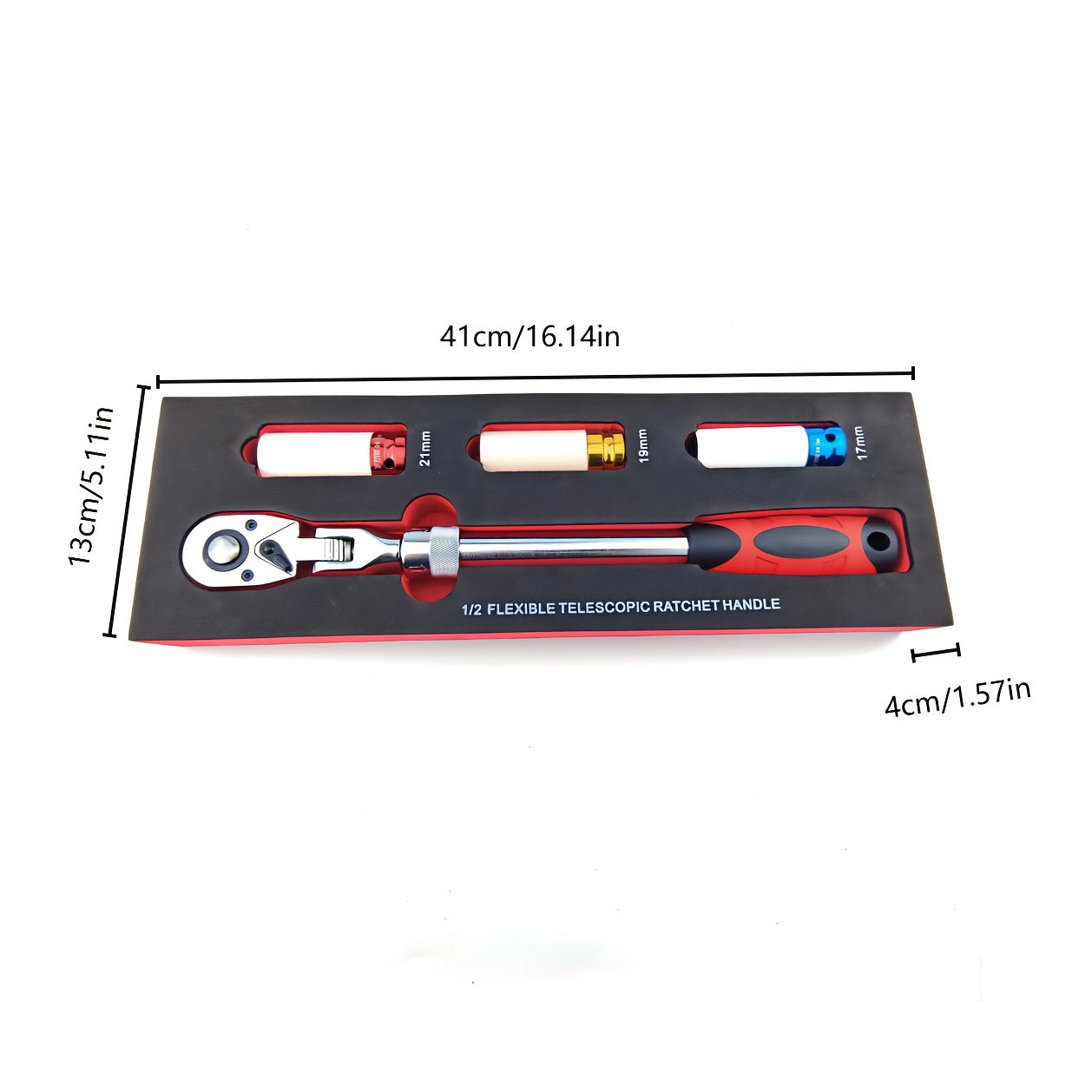 4pcs wheel hub protection hexagonal deep socket/ratchet wrench set, 1/2" drive, metric 17, 19, 21mm wheel guard six-point deep socket, 1/2" oscillating and telescopic ratchet wrench, automotive wheel hub nut tightening tool