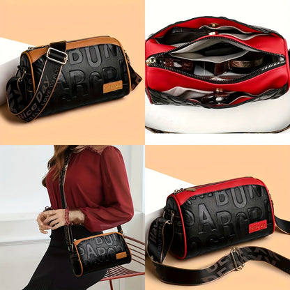 Casual  Crushed Lettering Handbag with Adjustable Strap & Zipper Closure - / Solid Color Multi-layer Shoulder Purse, Durable for,, Shopping