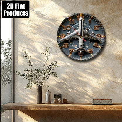 1pc Aviation-Themed Airplane Wall Clock - 9.8 Inch Round Dark Blue & Golden Artificial Wood Silent Non-Ticking Large Easy-Read Black Hands, Farmhouse Decor for Home Office Kitchen Bedroom, Aviation Enthusiast Gift (Battery No
