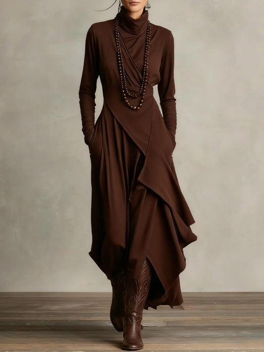 Plus Size - Large Size Women's Elegant Vintage Cross Turtleneck Maxi Dress - Long Sleeve Solid Color Dress - Suitable for All-Season Wear, Christmas Parties & Daily Outfits - Machine Washable Stretch Fabric